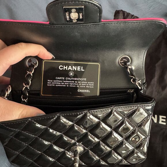 Chanel Patent Calfskin Quilted Bi-Color Mini Rectangular Flap Pink Black - Picture 6 of 8